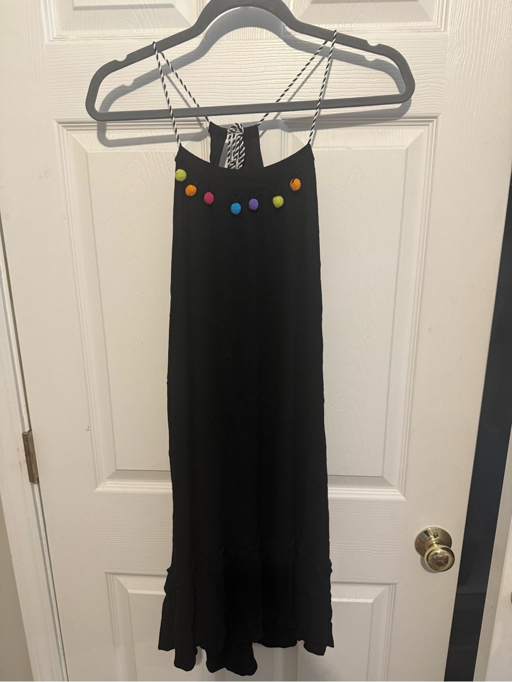 Love Riche Black Maxi Dress with Multicolor Pom Trim